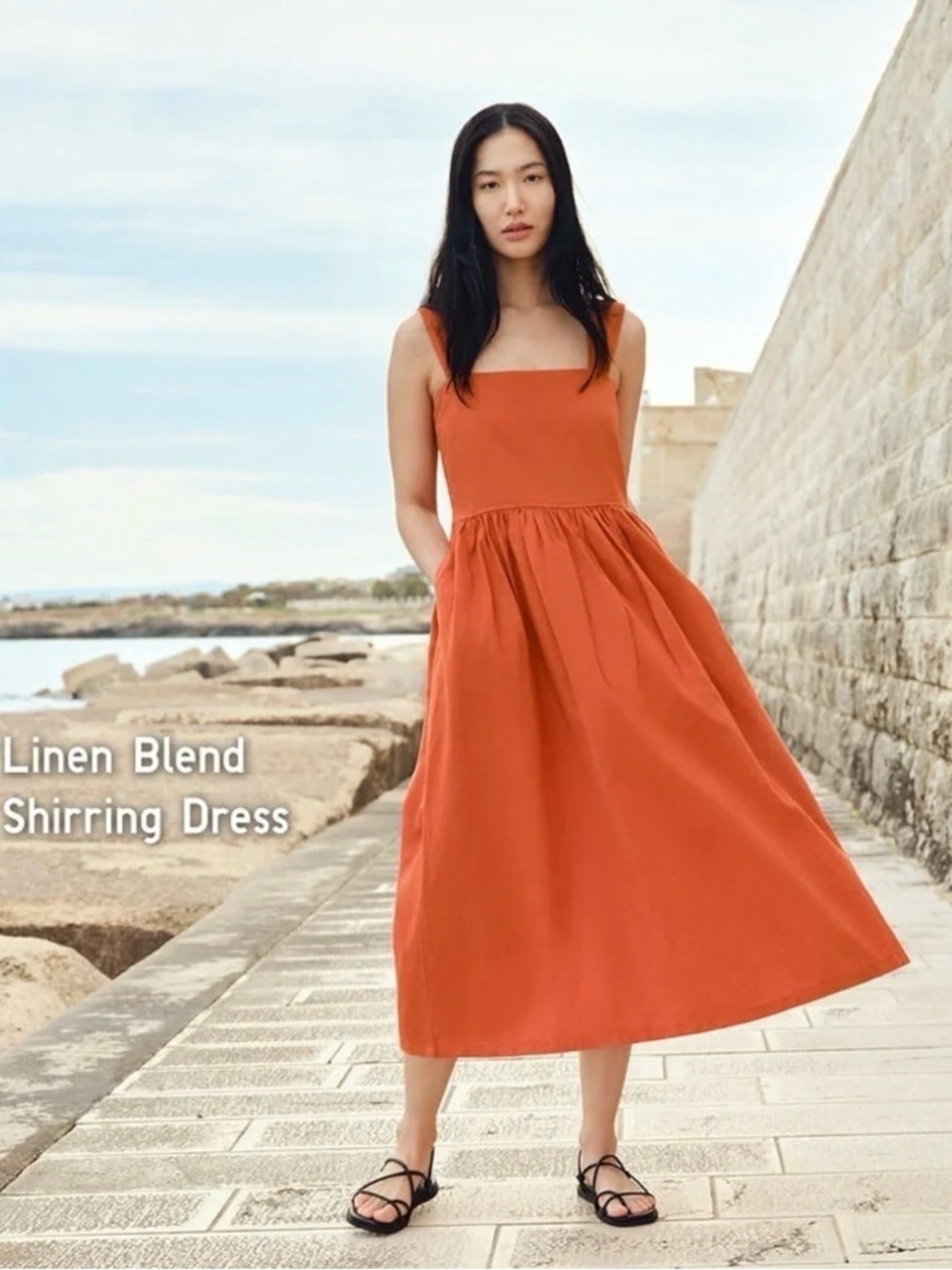 Uniqlo Rust (burnt orange) Square-Neck Midi Dress with Wide Straps